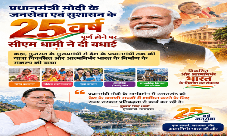 PM मोदी के जनसेवा एवं सुशासन के 25 वर्ष पूर्ण होने पर CM धामी ने दी बधाई