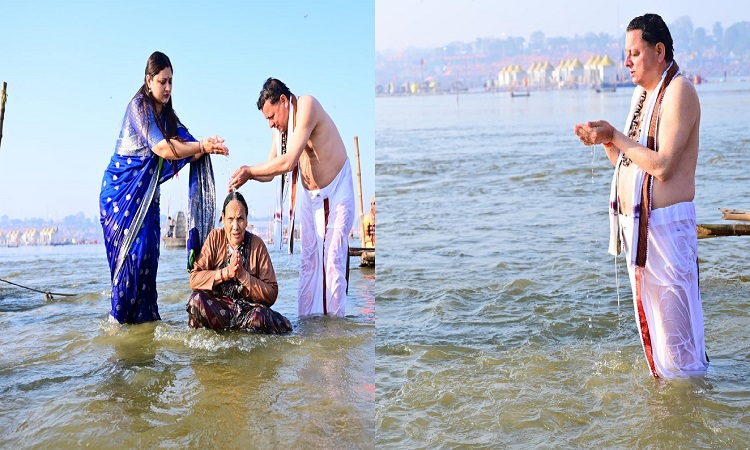 CM Dhami takes holy dip in Sangam